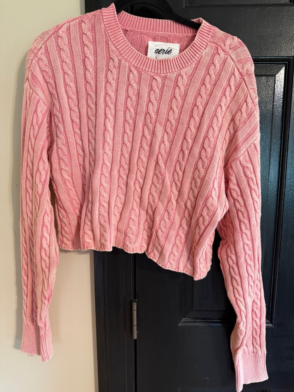 aerie Pink Cable-Knit Cropped Crewneck Sweater